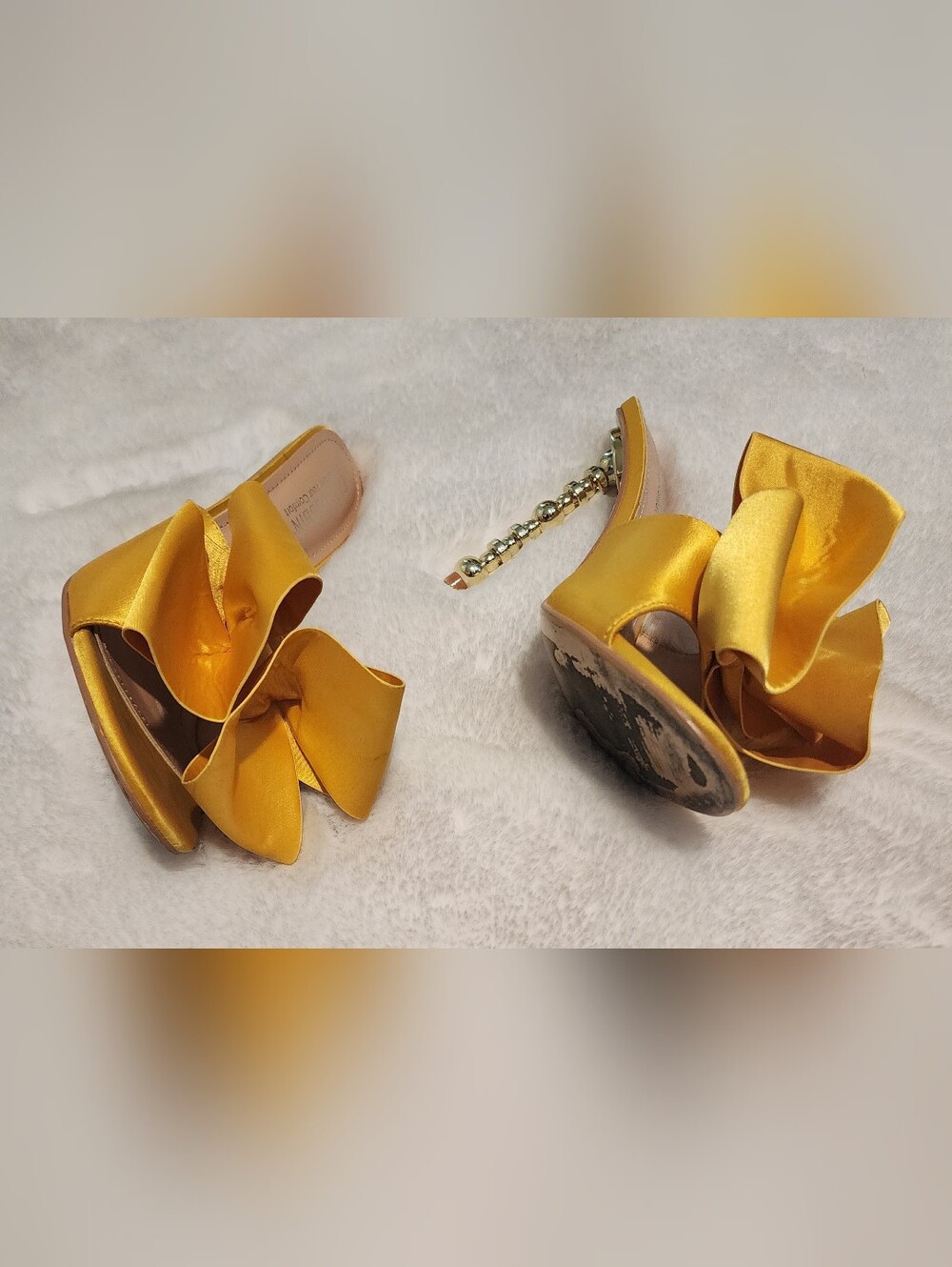 Cape Robbin Yellow Satin Oversized Bow  Gold Beaded Heel Mules | Size 8.5 - Picture 9 of 9